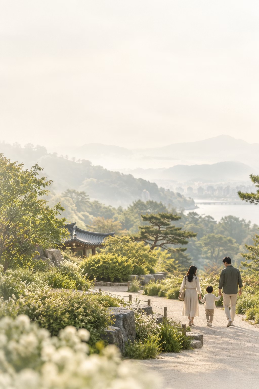 햇살이 드는 정원 산책길에서 손을 잡고 걷는 가족